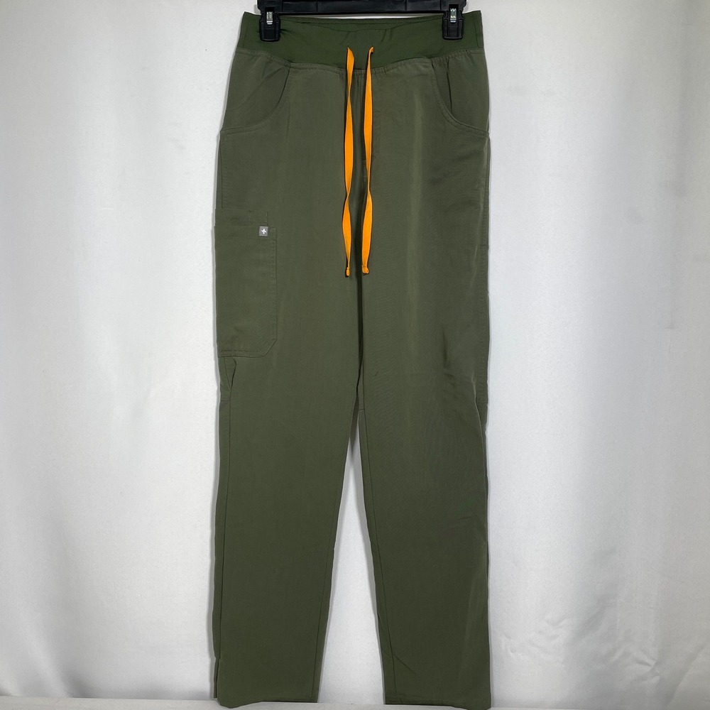 Figs HW Kade High Waisted Olive Green Orange Cargo Scrub Pants Women's SMALL